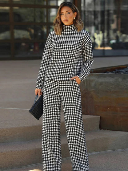 Houndstooth Half High Neck Top Pant Suit Women Color Blocking Full Sleeve Oversized Tops Leg Loose Pants Sets Lady Spring Set - Kimlud