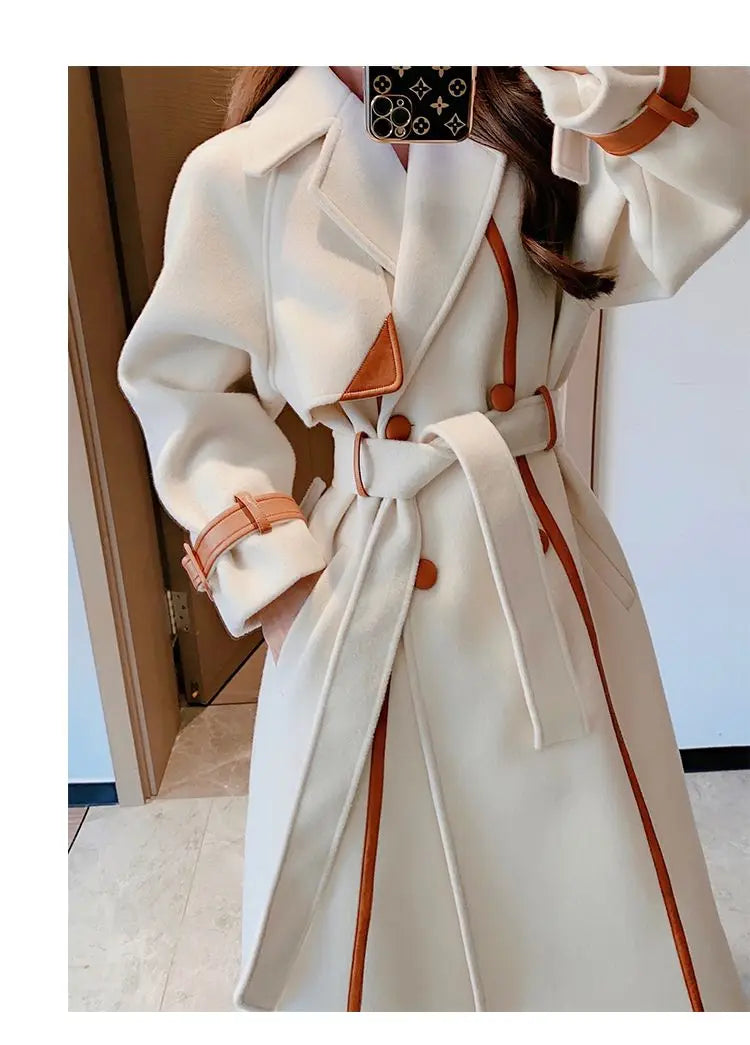 With belt Woolen Coat For women 2024 New Autumn Winter Fashion Slim Temperament Lapel Color blocked Thicken Wool Overcoat Female