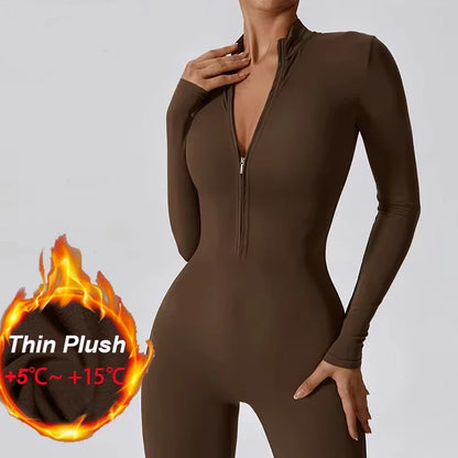 Warm Thin Fleece Jumpsuits Women's Tracksuit Winter One-Piece Sports Suit Black Fitness Jumpsuit Long Sleeves Workout Bodysuit - Kimlud