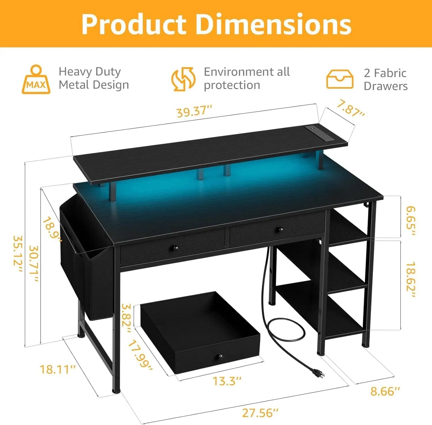 39-Inch Gaming Desk with Shelves, Drawers, Power Outlet & LED Lights - Sturdy Black Design for Home Office