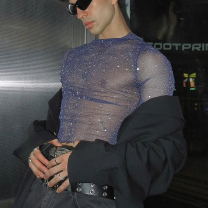 Sexy Men's Slim Stretch Mesh Crop T-shirt Purple Bling See Through Sex O-neck Top Shirts Live Show Dance Nightclub Party - Kimlud
