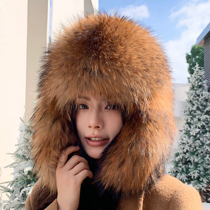Natural Raccoon Fur Caps Russian Hat Unisex Trapper Fur Cap Aviator Trooper Winter Thickened And Warm Flaps Ski Hat Bomber Hats