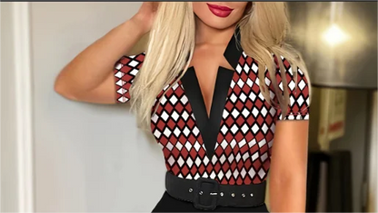Women Color Block Diamond Print Bodycon Midi Dress Lapel V Neck Long Sleeve Belted Slim Party Pencil Dress | Kimlud...