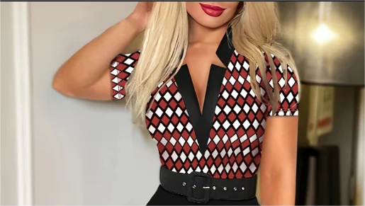 Women Color Block Diamond Print Bodycon Midi Dress Lapel V Neck Long Sleeve Belted Slim Party Pencil Dress | Kimlud...
