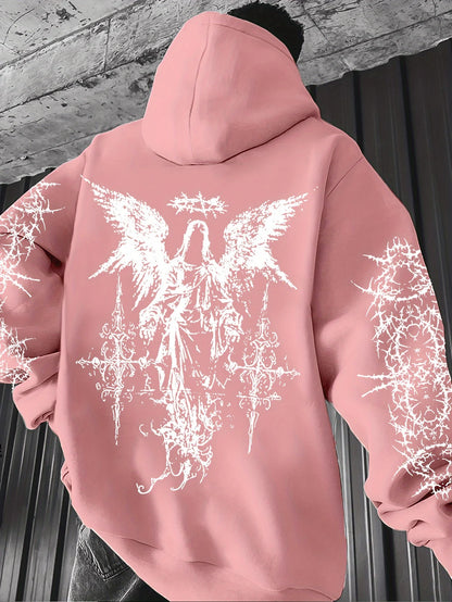 Men's Angel-themed graffiti thorn print streetwear hip-hop punk style hooded sweatshirt regular fit version sweatshirt hoodie