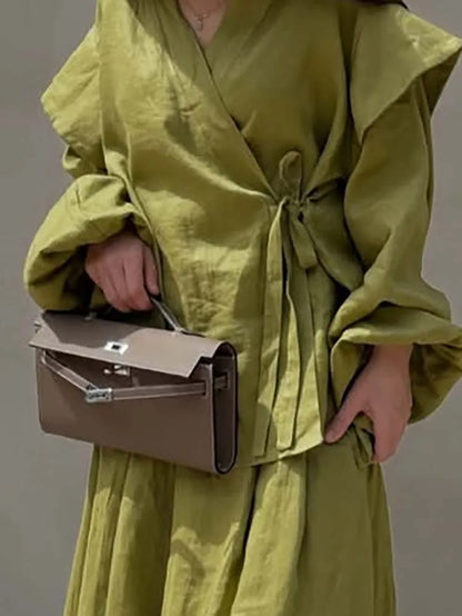 Fashion Draped Hight Waist Suits Elegant V-neck Lace-Up Tops with Long Skirt Set Women Casual Long Sleeve Solid 2 Piece Outfits