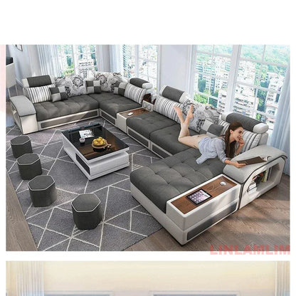 Linlamlim U-Shaped Sectional Fabric Sofa Set - Modern Living Room Furniture with Storage, Built-in Side Table, USB, and...