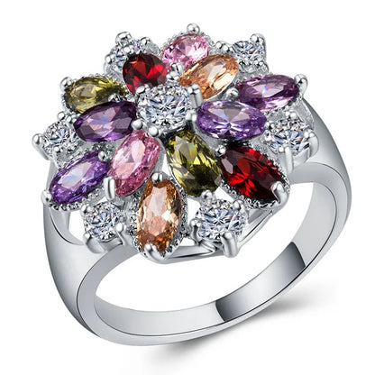 Milangirl Multicolor Purple Flower Waterdrop Crystal Zircon Rings for Women Female Wedding Engagement Bridal Banquet Jewelry