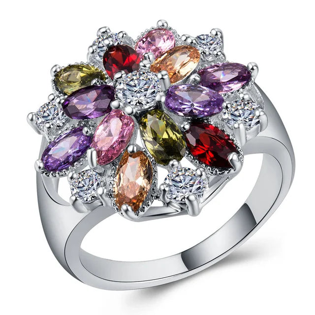Milangirl Multicolor Purple Flower Waterdrop Crystal Zircon Rings for Women Female Wedding Engagement Bridal Banquet Jewelry