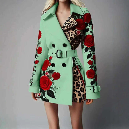 New Women's Spring Rose Leopard Print Suits Spring Office Elegant Slim Long Sleeve Coats Clothing With Belt For Women 2025 White