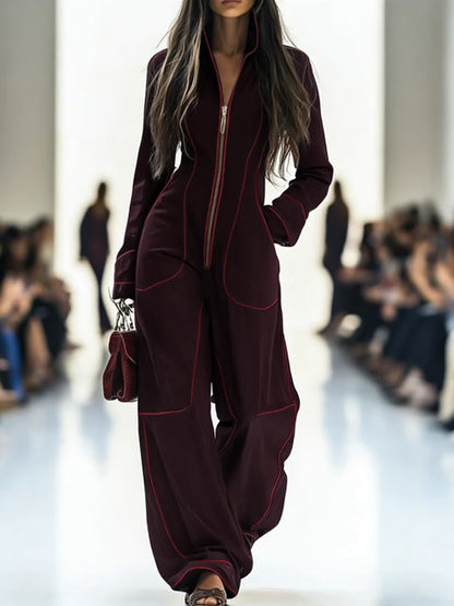 Women Stand Collar Zip Up Jumpsuit Long Sleeve Contrast Stitching Wide Leg With Pockets Casual Streetwear Party Holiday Outfits