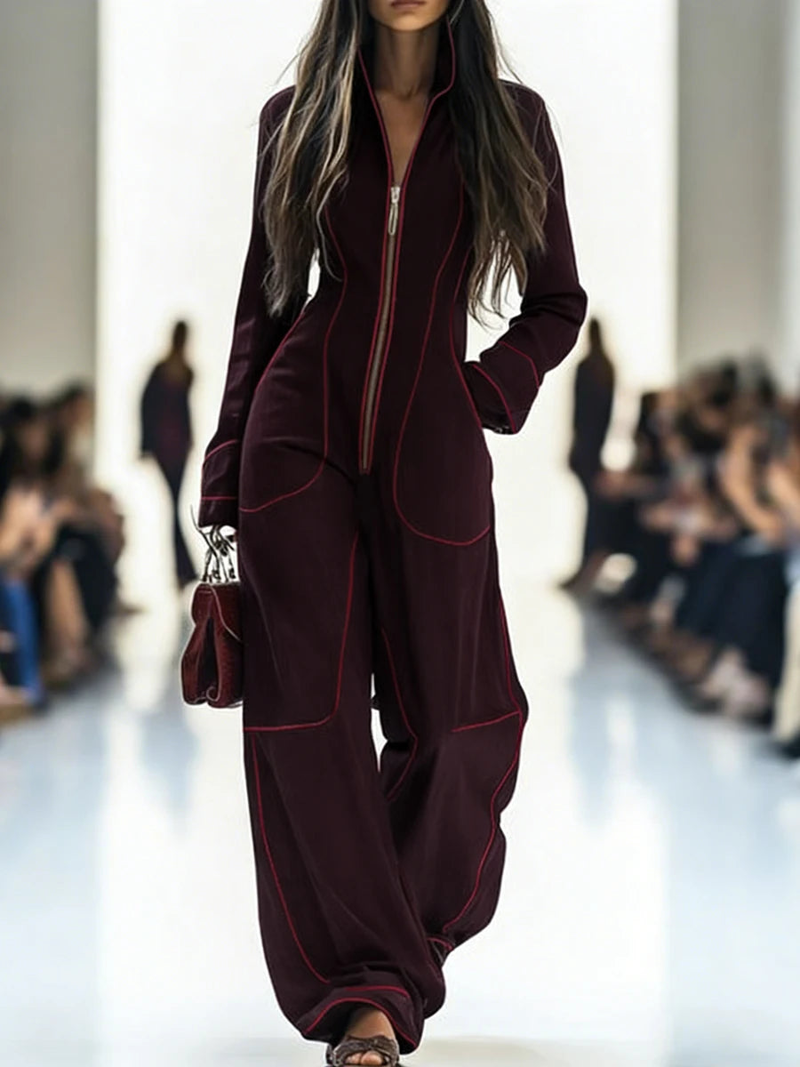 Women Stand Collar Zip Up Jumpsuit Long Sleeve Contrast Stitching Wide Leg With Pockets Casual Streetwear Party Holiday Outfits