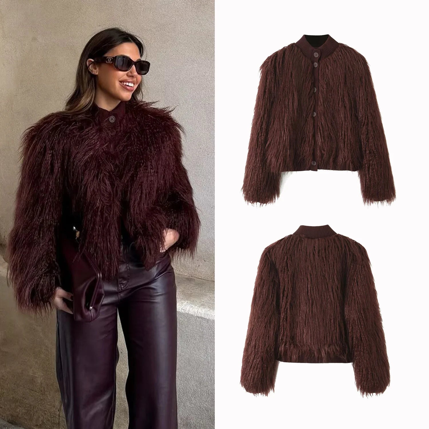 Women Short Faux Fur Jackets Streetwear Winter Casual Single Breasted Long Sleeves Artificial Fur Effect Knitted Jacket