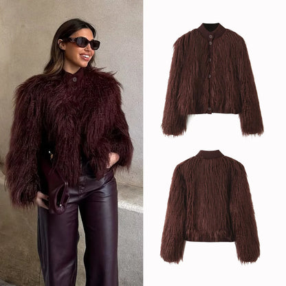 Women Short Faux Fur Jackets Streetwear Winter Casual Single Breasted Long Sleeves Artificial Fur Effect Knitted Jacket