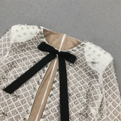 Luxury White Pearls Bow Women Prom Dress Full Sleeves Party Gown Skirt Short Mini Sheath Evening Gown Hot Girl Formal...