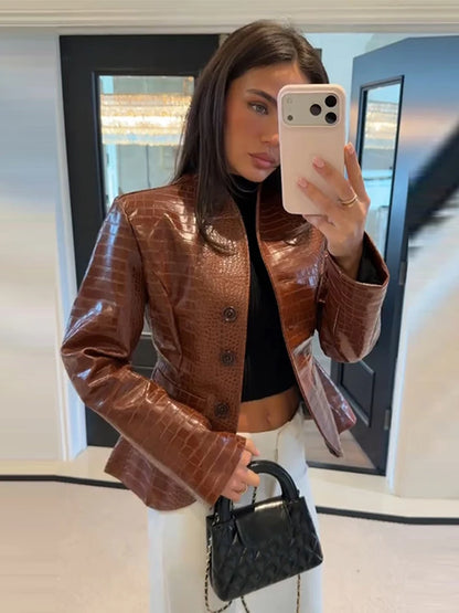 Street Print Pu Leather Women Jacket Fashion Long Sleeve O-neck Single Breasted Female Outwear 2026 Autumn Lady...