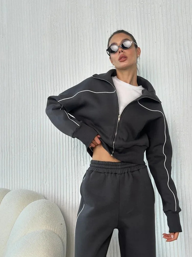 Women's Autumn Casual Long Sleeve Zipper Hoodie Jacket Striped Elastic Pants Set Fashionable Two-Piece Suit Comfortable Wear - Kimlud