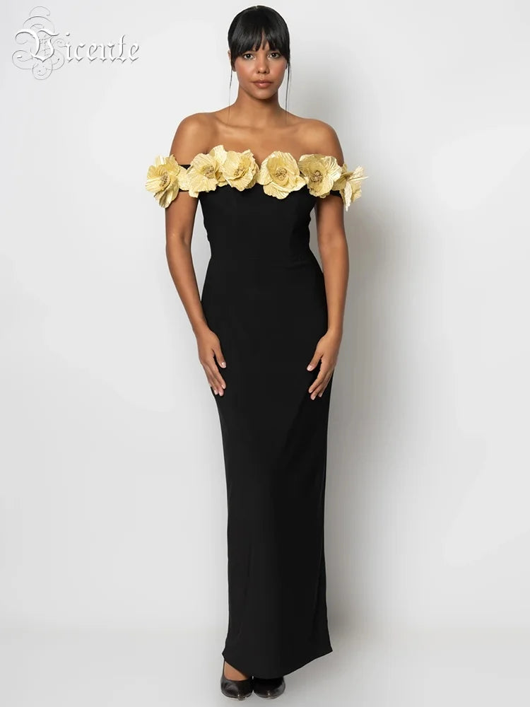 VC Elegant Fashion Off-Shoulder Black Maxi Dress with Golden Floral Embellishments Party Evening Gown
