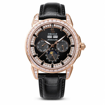 OBLVLO Men's Classic Watch with Colorful Diamonds Bezel Red Dial Mechanical Automatic Moonphase Multifunction Leather Strap GCM-MUT