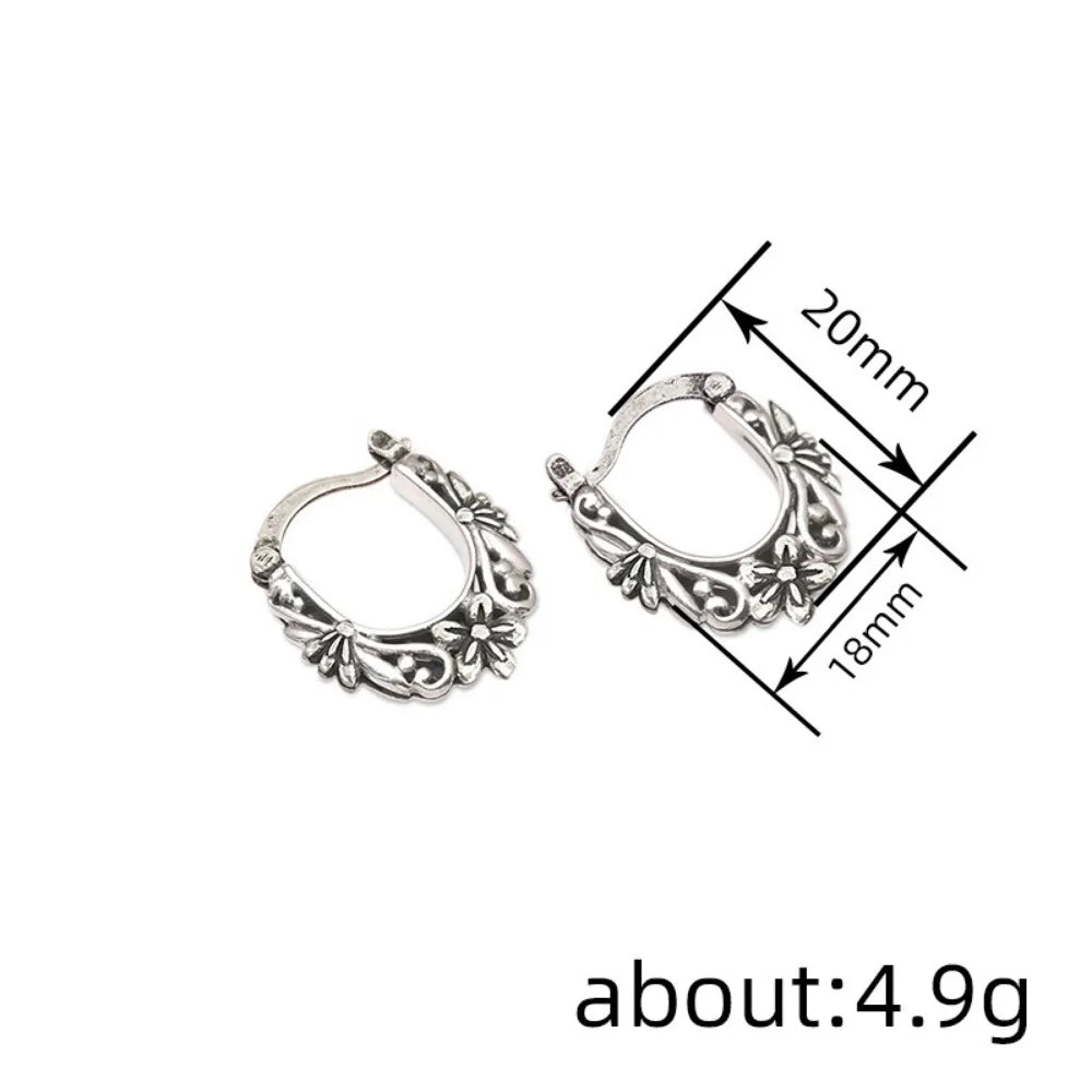 Retro Ethnic Style Ancient Silver Flower Texture Stainless Steel U-shaped Hoop Earrings for Women Boho Jewelry Accessories Gifts