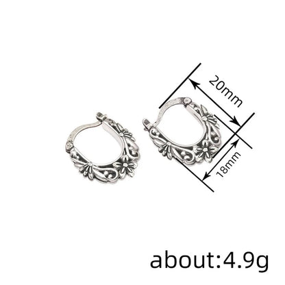 Retro Ethnic Style Ancient Silver Flower Texture Stainless Steel U-shaped Hoop Earrings for Women Boho Jewelry Accessories Gifts