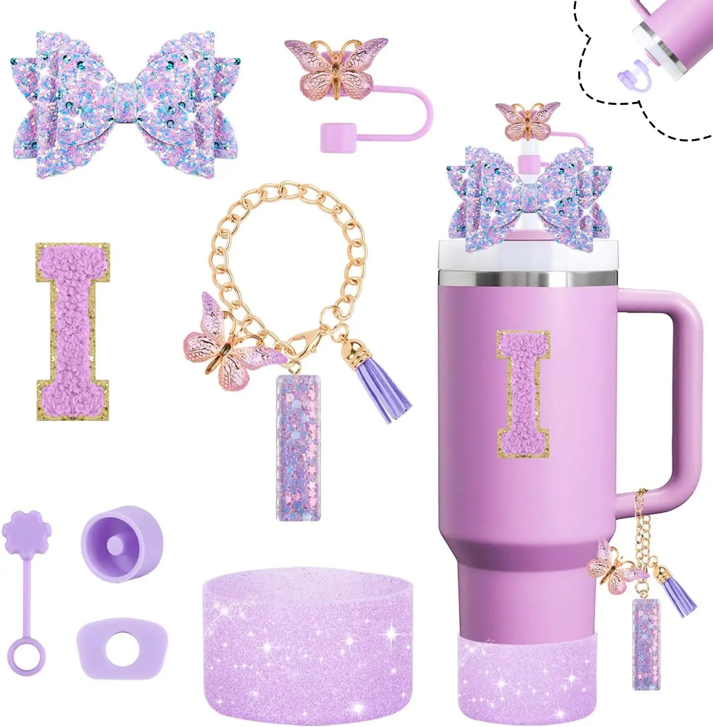 8pcs Cup Accessories Set for Stanley Cup 30oz 40oz tumbler Straw Topper Cover, Boot, Spill Proof Stoppers, Handle Charms Sticker