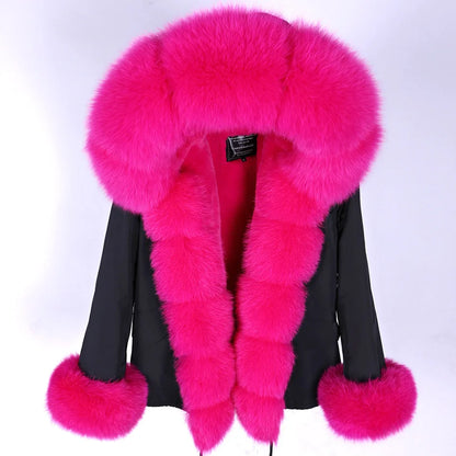MAOMAOKONG Winter Clothes Women Natural Fur Coat Real Raccoon Fur Collar Parkas Remove Faux Fur Lining Warm Thick Short Jacket