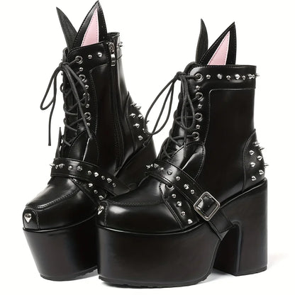 Women's Y2K Goth Ankle Boots Fashion Punk Rivet Buckle Platform Chunky High Heels Cute Ear Decoration Street Cosplay Boots Woman