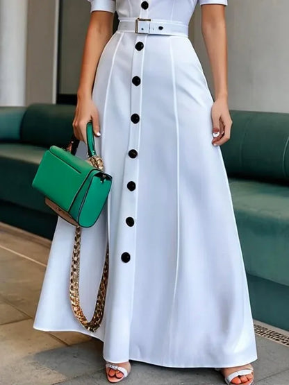 Modigirl 2025 New Womens Summer Shirt Dress with Belt  White Green Short Sleeve Eelegant Long Dresses Clothing for Woman