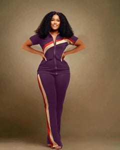 STYLISH LADY Patchwork Sporty 2 Piece Set Women Short Sleeve Zipper Jacket and Pant Suits 2025 Autumn Casual Fitness...