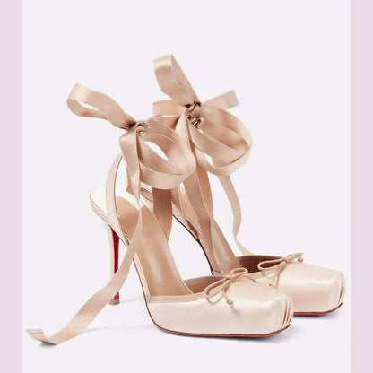 Balck Stain Lace Up Ballet Shoes Girl Pink Square Toe Bow Tie Stiletto Heel Ankle Strap Slingback Elegant Summer Sexy Pumps