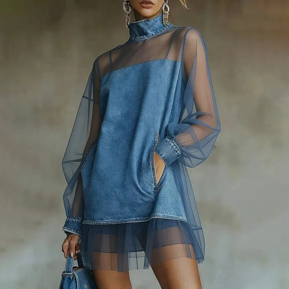 Women's Denim Mesh Patchwork Mini Dress Blue Vintage High Neck Sheer Long Sleeve Ruffle Hem Mesh Sheer Casual Streetwear Dresses - Kimlud