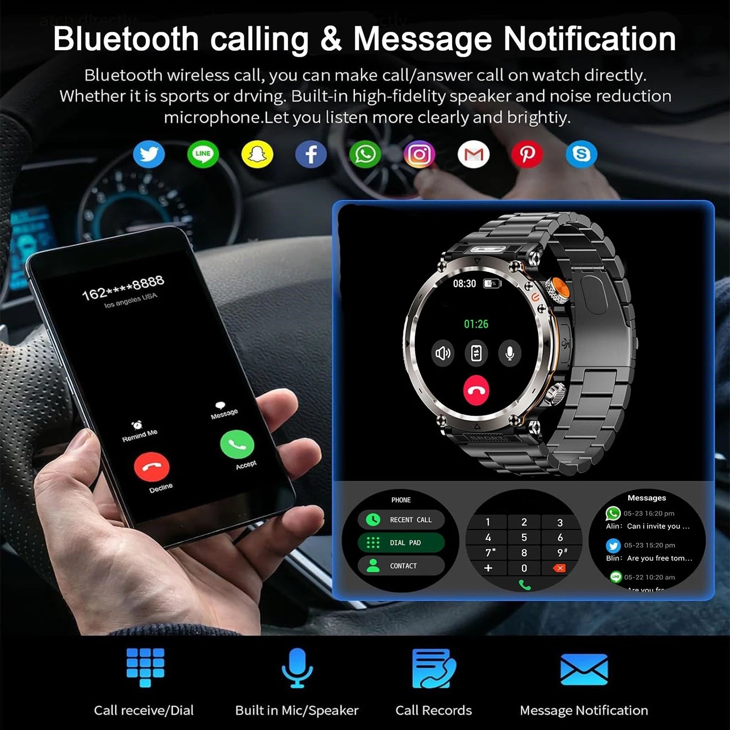 New 5ATM Outdoor Smart Watch Men 600mAh LED Flashlight SmartWatch Compass Bluetooth call Heart rate IP 68 Sports Smartwatch 2025