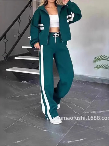 Y2K Striped Zipper Coat+sweatpants Two Piece Set Women Casual Batwing Sleeve Sports Outfits Autumn Winter Sweatshirt Suit