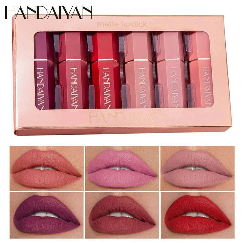 HANDAIYAN 6Pcs/Box Velvet Matte Lipstick Kit Lips Makeup Nude Lip Stick Make Up Cosmetics Foggy Matt Tint Lip Balm Cream Pigment
