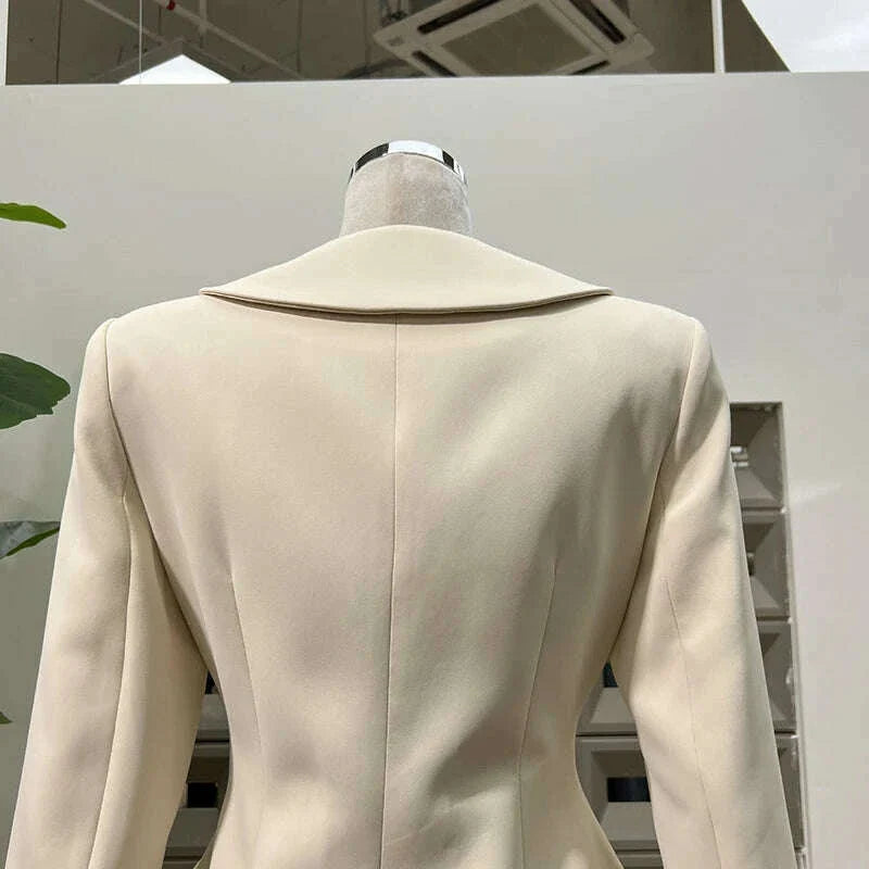 KBQ Solid Spliced Appliques Tunic Coats for Women Lapel Long Sleeve Patchwork Single Breasted Temperament Coat Female Fashion