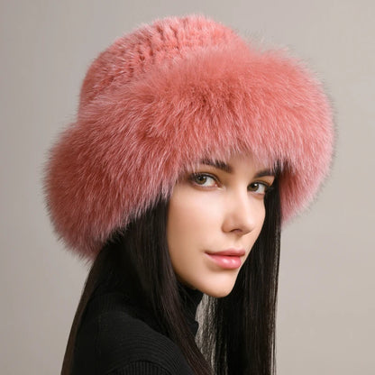 New Genuine Real Natural Knitted Mink Fur Hat Luxury Women Handmade Knit Fashion Winter Headwear Warm Real Fox Fur Beanies Caps