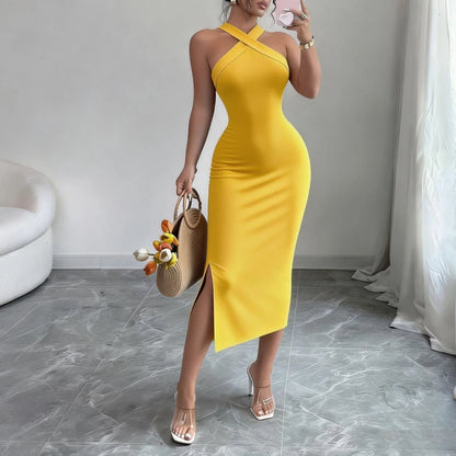 Women's Burgundy Halter Neck Sleeveless Stretchy Knit Bodycon Midi Dress Side Slit Elegant Summer Party Evening Dress Outfits