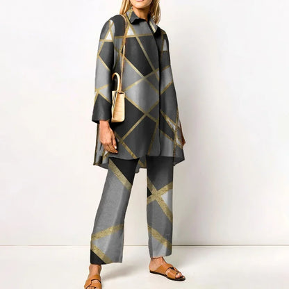 Autumn New Loose Vintage Printed Pant Sets Women Long Sleeve Shirts And Wide Legs Trousers Two Piece Set 2025 Fashion Streetwear