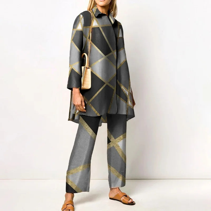 Autumn New Loose Vintage Printed Pant Sets Women Long Sleeve Shirts And Wide Legs Trousers Two Piece Set 2025 Fashion Streetwear