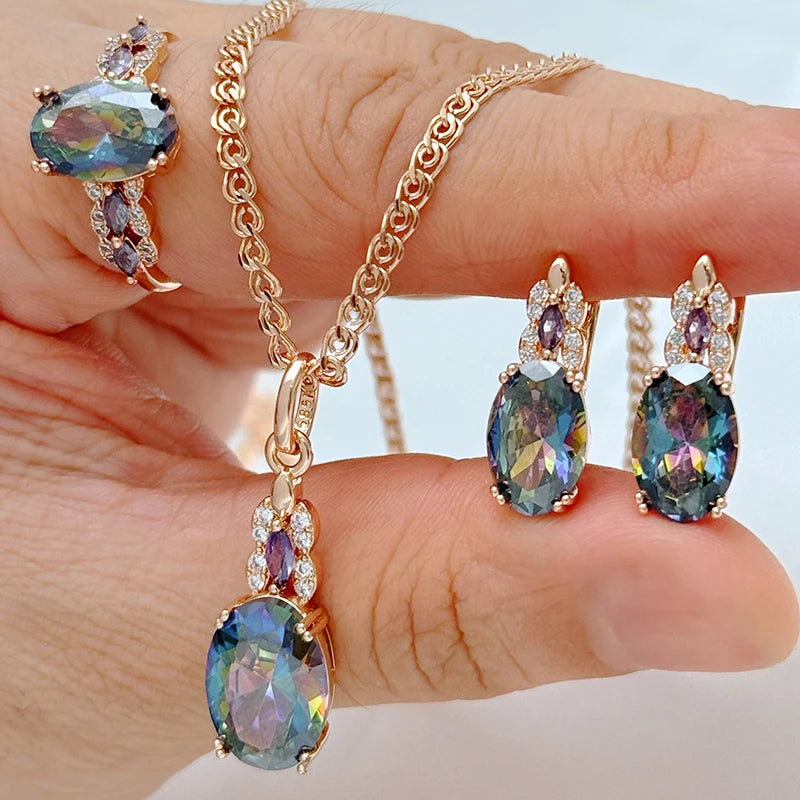 Kienl Hot Colorful Natural Zircon Ring Earrings Necklace for Women Luxury 585 Rose Gold Color Daily Wear 3pcs Jewelry...