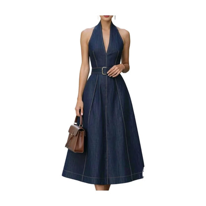 Women's Halter V Neck Midi Dress Sleeveless Stitching Seam Detail A‑Line Swing Mid Calf Dress Fashion Casual Ladies...