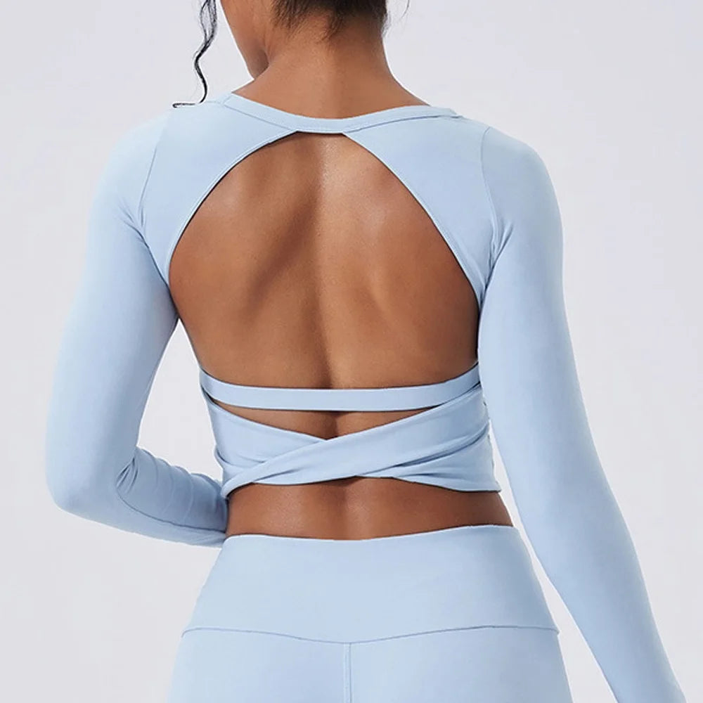 Cloud Hide SEXY Back Grey Yoga Shirts for Women Long Sleeve Pilates Blouse Sports Gym Fitness Top Running T-Shirt Workout Shirt - Kimlud