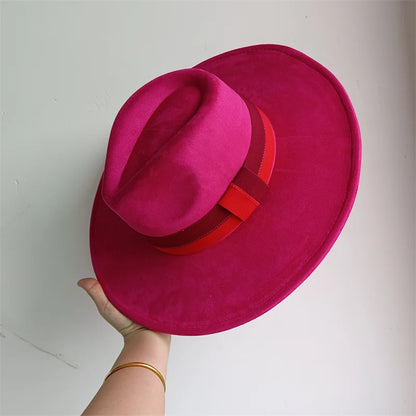 Colorblock Ribbon Colorful Suede Hat Autumn and Winter Women's Felt Hat Wide Brim Hat British Style Retro Men's Gorras Hombre - Kimlud