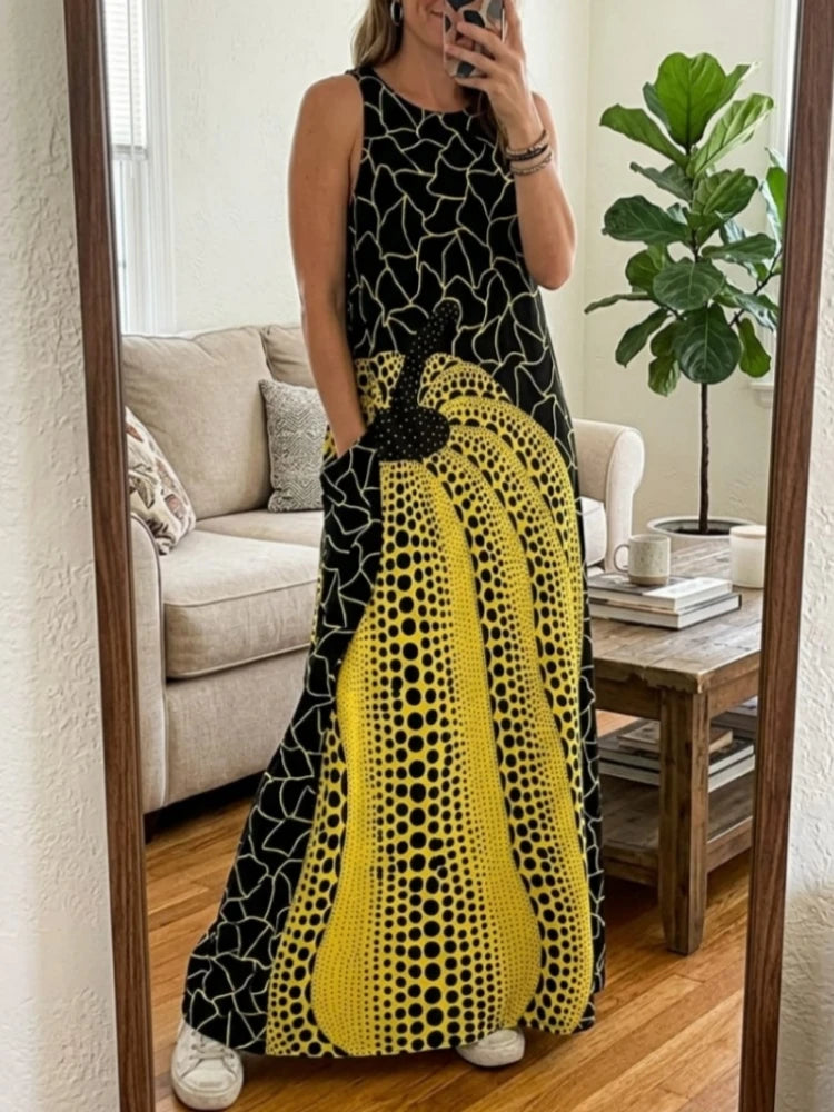 Fashion Abstract Polka-Dot Printed Maxi Dresses Pockets Sleeveless Round-Neck Loose Casual Vacation Party Long Dress...