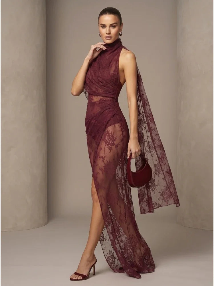 Sexy Backless High Neck Lace See Through Draped Folds Split Long Dress Women Black Sleeveless Slim Dresses Evening Party Gowns
