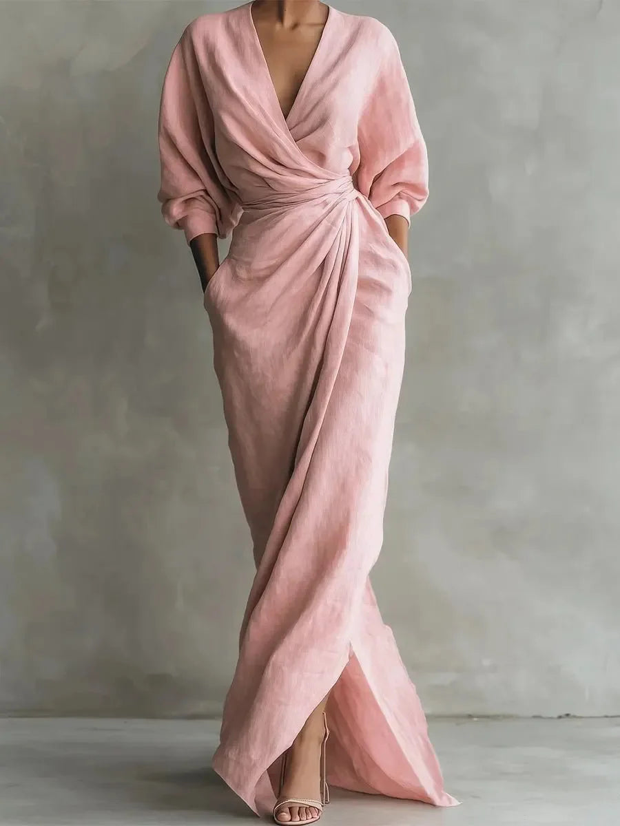 Women's Sexy Neck Waist Wrapped Robe 2026 Spring Casual Solid Color Fit Tight Dress Elegant Long Sleeved Slit Super Long...