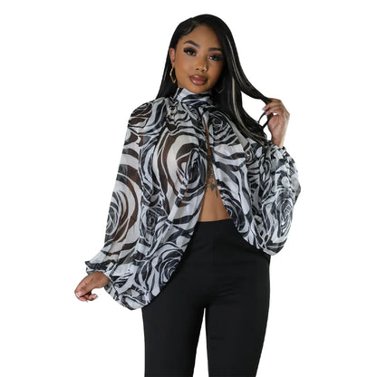 Women See Through Sheer Chiffon Blouse Sexy Front Back Open High Neck Self Tie Shawl Casual Shirts Y2K Night Club Party Tops