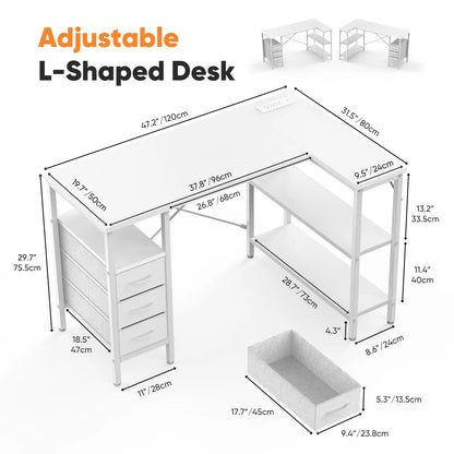 JHK L Shaped Desk with Shelf Drawers 55 Inch Corner Computer Desks Gaming with Power Outlet Adjustable Shelves Home Office Table