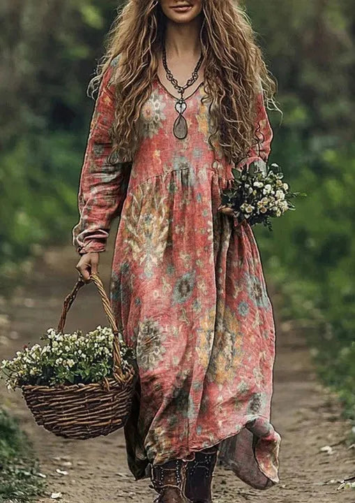 Boho Vintage Print Long Dresses For Women 2025 Casual V Neck Full Sleeve Splice High Waist Loose Dress Autumn Fashion Vestidos - Kimlud